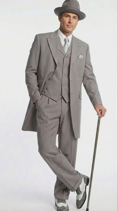 Men’s Gray Zoot Suit with Matching Hat and 1920s Shoes | Grey Vintage Wedding and Party Three Piece Suit