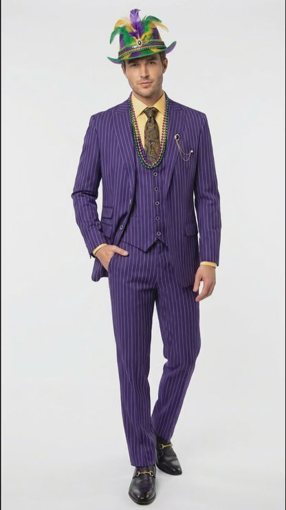 Men’s Purple Pinstripe Mardi Gras Suit | Three Piece Carnival Formal Suit with Vest