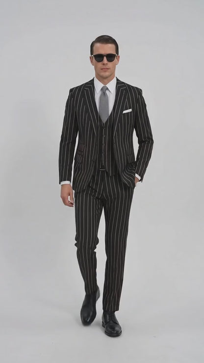 Men’s Black Gangster Pinstripe Suit, 2 Button Vintage 1920s Formal Dress Suit