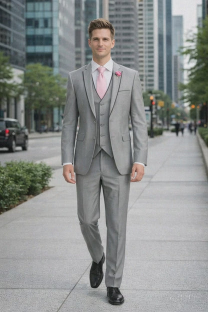 Mens Ultra Slim Fit Sharkskin Tuxedo with Satin Trim in Grey - Mens Slim Fitted Tuxedo