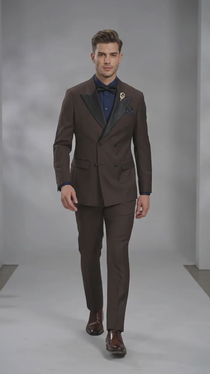 Men’s Brown Double Breasted Tuxedo – Satin Peak Lapel Formal Wedding & Prom Suit