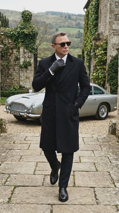 Men’s Black Double Breasted Overcoat, James Bond Inspired Long Formal Coat for Weddings, Business Events, Parties, and Winter Occasions