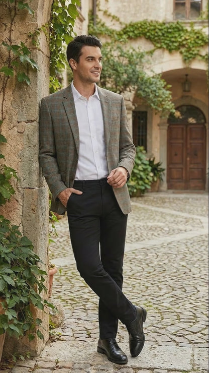 Mens Green Brown and Teal Plaid Sport Coat  Tailored Fit Check Blazer Jacket - Tartan Sportcoat