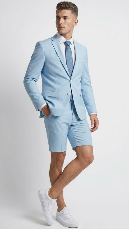 Men’s Light Blue Suit with Shorts – Casual Summer Blazer and Shorts Set for Wedding, Party and Smart Casual Wear