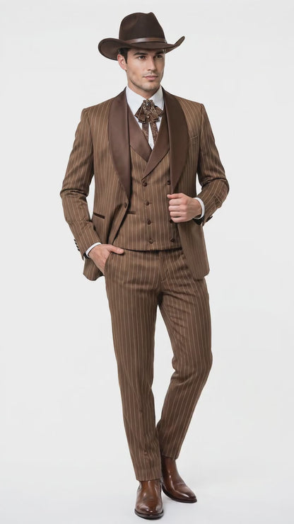 Men’s Brown Pinstripe Western Cowboy Tuxedo, Contrast Shawl Lapel Formal Suit for Weddings, Prom, Parties, and Special Occasions