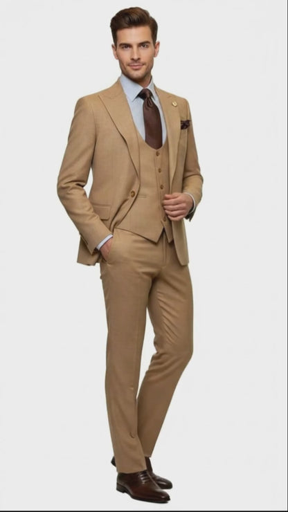Men's Tan Three-Piece Suit with Vest  Classic Tailored Fit  in camel khaki Bronze color By Rossiman