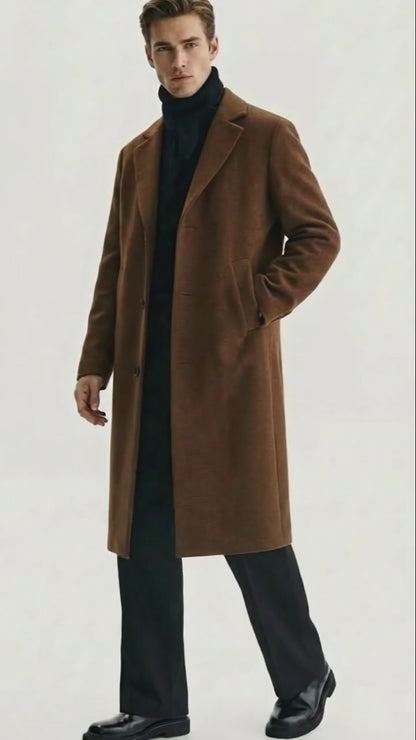 Mens Brown Long Wool Overcoat  Topcoat Wool Carcoat Three Quarter