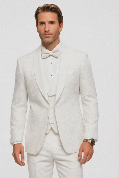 White Groom Tuxedo with Floral Lace Vest  Luxury Mens Wedding Attire