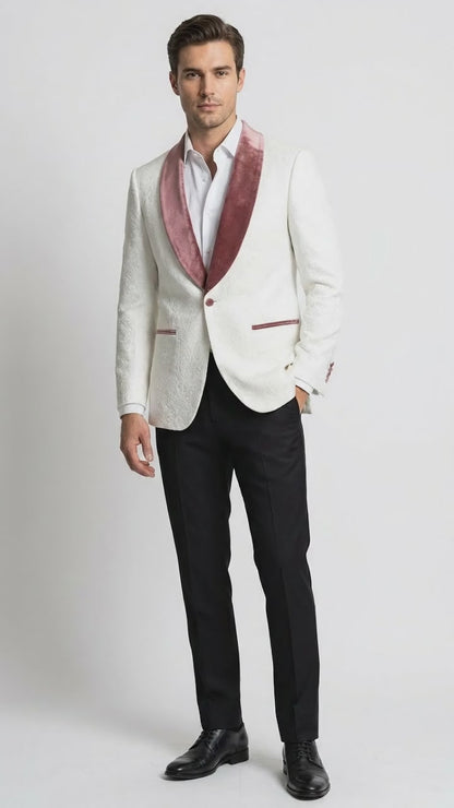 Men’s Ivory and Rose gold Floral Blazer – Elegant Shawl Lapel Formal Blazer Jacket for Wedding, Party, Prom