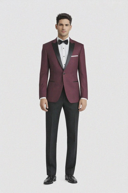 Mens Slim Fit One Button Peak Tuxedo Burgundy
