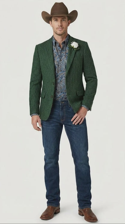 Men’s Green Western Blazer Jacket – Classic Cowboy Style Sport Coat for Wedding, Party and Formal Events