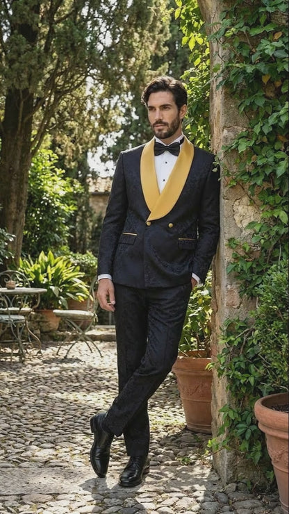 Mens Black and Gold Jacquard Tuxedo Suit  Luxury Slim Fit Formal Wedding, Prom, and Gala Outfit