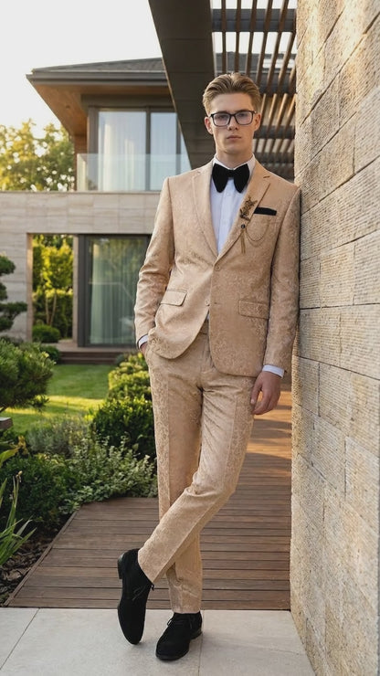 Men’s Champagne Gold Paisley Prom Tuxedo, Formal Dinner Suit for Prom, Weddings, Parties in Tan Color