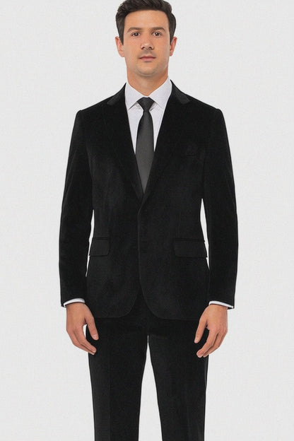 Mens Black Velvet Suit  Tazzio 2-Piece Slim Fit Peak Lapel Tuxedo Style Formalwear