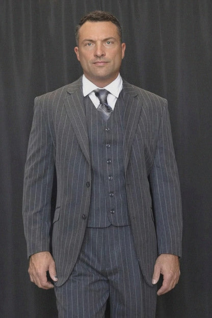 Mens Modern Fit Venetian Gatsby Suit  Charcoal Pinstripe with Vest - Banker Stripe