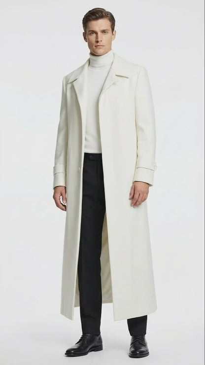 Mens Off-White Long Trench Coat – Overcoat with Classic Clean Design Duster Maxi Coat in Ivory Color