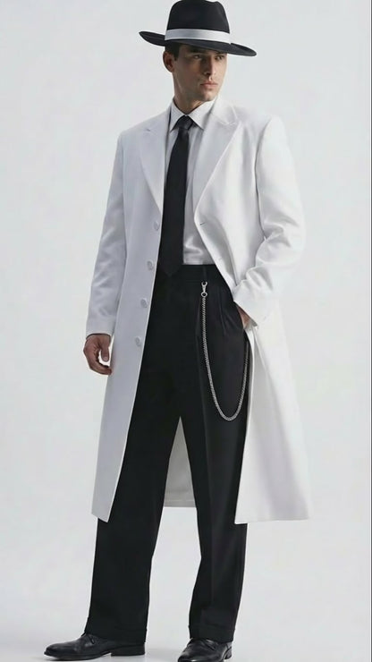 Men’s White Long Zoot Style Suit  | Vintage Gangster Mafia Formal Coat with Black Pants