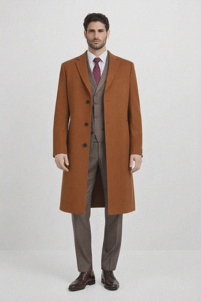 Mens Overcoat - Topcoat For Men - Winter Fabric - Men's Rust - Copper - Cognac Wool ~ Cashmere Blend Overcoat - Topcoat Three Quarter 3/4
