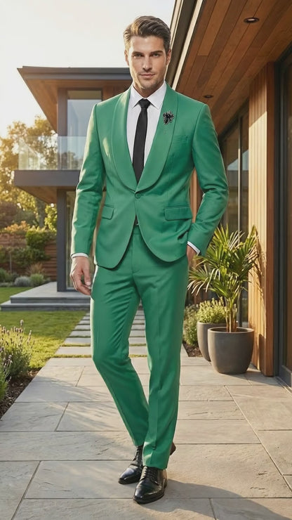 Men’s Emerald Green Tuxedo Suit – Emerald Green Formal Tuxedo with Shawl Lapel Jacket Trousers for Prom, Wedding in Augusta Green