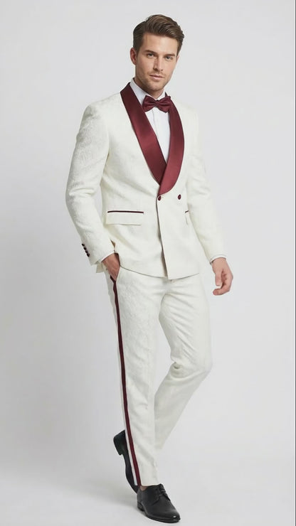 Mens Ivory and Burgundy Jacquard Tuxedo Suit  Luxury Slim Fit 3-Piece Formal Wedding, Prom, and Gala Outfit in Cream Off White Color