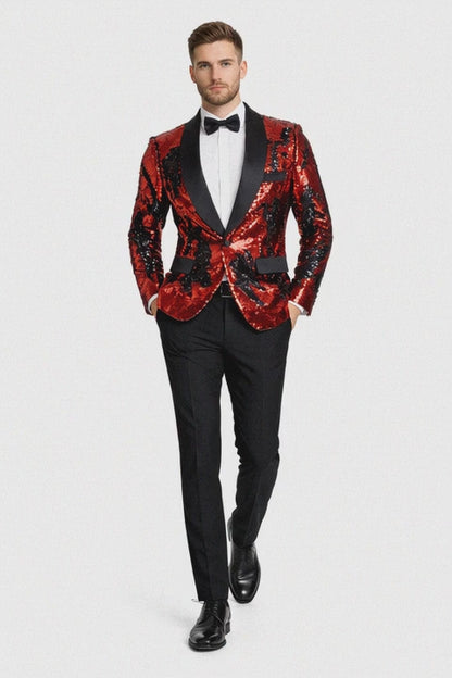 1 Button Reversible Sequin Blazer In Red and Black