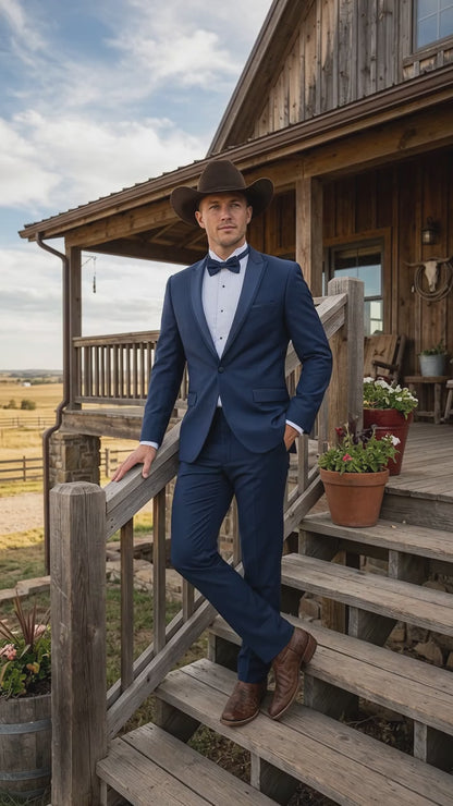Men’s Saphire Indigo Blue Western Tuxedo Suit, Formal Wedding Prom Cowboy Tuxedo with Blue