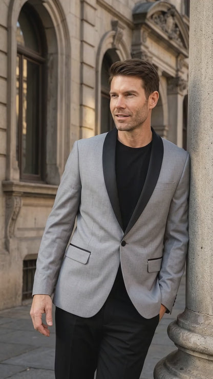 Men’s Light Grey Wool Dinner Jacket, 1 Button Black Shawl Lapel Formal Tuxedo Blazer