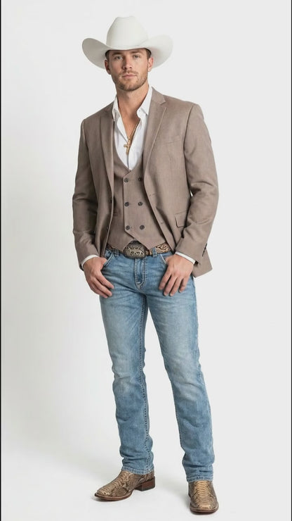 Men’s Light Grey Cowboy Blazer with Double breasted Vest – Western Two Piece Suit Pants included
