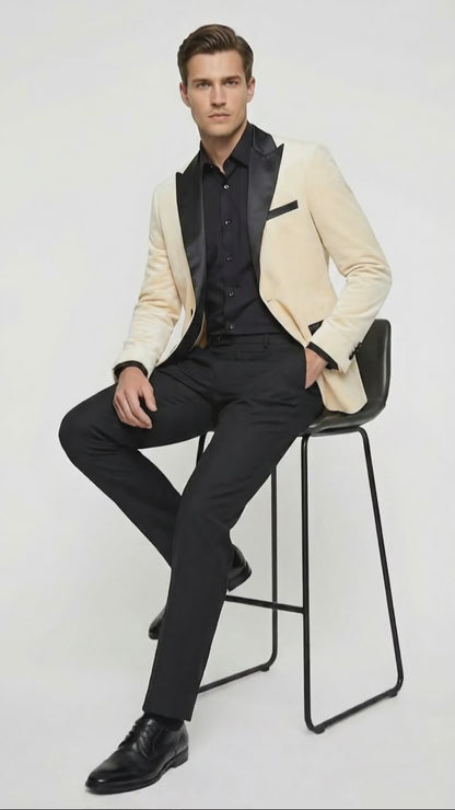 Men’s Ivory Dinner Jacket - Cream Velvet Blazer with Black Satin Lapel | Wedding and Party Formal Sport Coat in off white