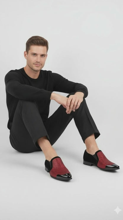 Mens Red Glitter Tuxedo Loafers  Shiny Slip-On Dress Shoes with Black Patent Toe for Parties and Formal Events