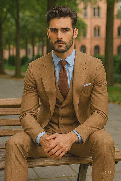 Stylish Camel Brown Three-Piece Suit  Modern Groom Attire