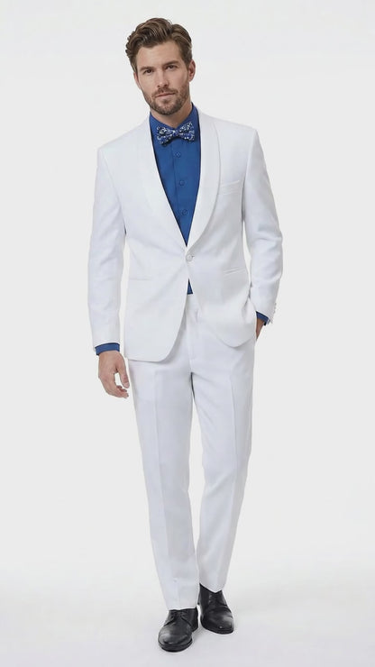 Men’s White Classic Microfiber Shawl Tuxedo with Jacket and Pants, Formal Wedding Dinner Suit