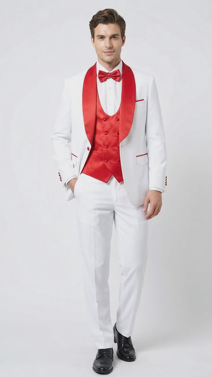 Men’s White and Red 3-Piece Tuxedo – One-Button Shawl Lapel Wedding, Prom and Formal Suit with Vest