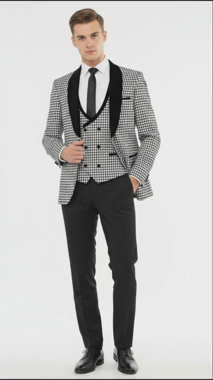 Mens Black and White Houndstooth Tuxedo Set with Velvet Shawl Lapel | 3-Piece Formal Suit with Double-Breasted Vest