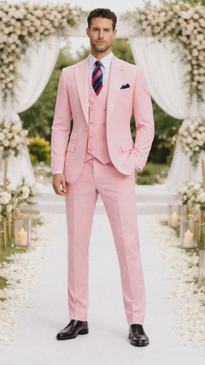Rossiman Men's Pink Suit ?? 1-Button Peak Lapel Jacket & Double-Breasted Vest