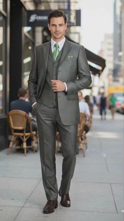 Mens Olive Green 3-Piece Suit  Classic Fit with Vest and Tie Pleated Pants Three Buttons