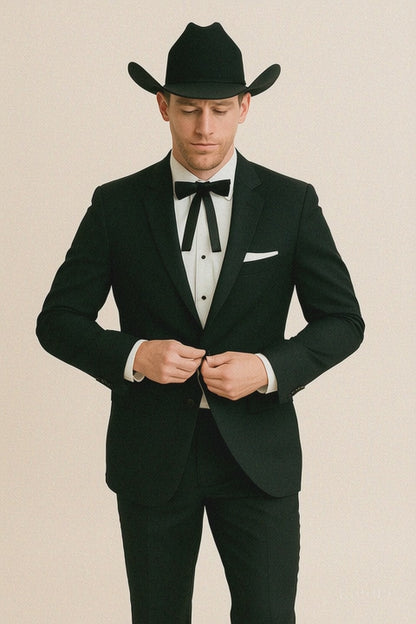 Mens 2 Button Notch Lapel Cowboy Tuxedo in Black
