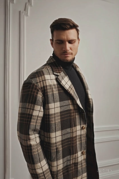 Plaid Wool Overcoat  Brown & Camel Mixed Color Topcoat