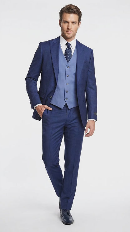 Vitali Men’s Navy Blue 3 Piece Suit with Light Blue Vest, Textured Formal Dress Suit for Weddings, Prom, Business Events, and Parties