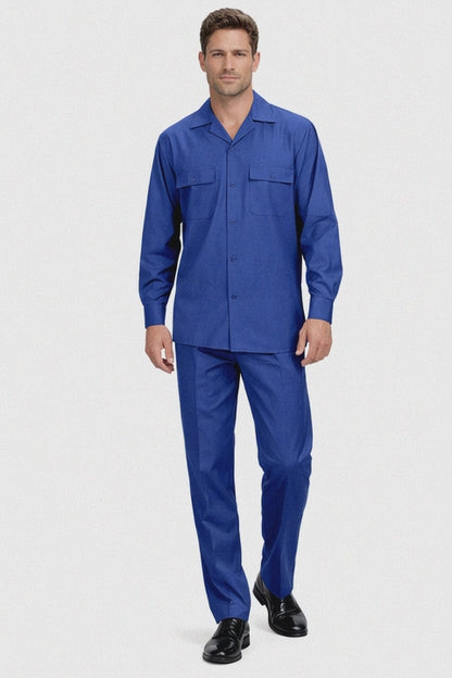 Mens Luxury Sapphire Blue Wool Two-Piece Leisure Walking Suit