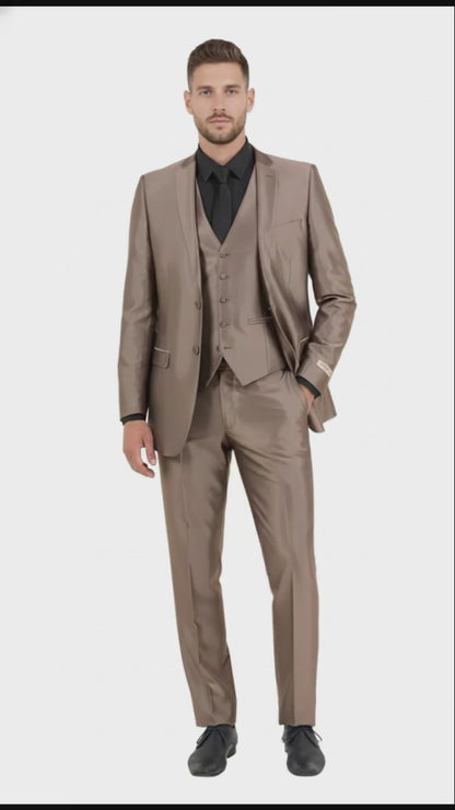 Mens Sateen Shiny Metallic Mocca Taupe Gold Bronze 3-Piece Suit Set  Shiny Finish slim Fit Formal and Party Suit