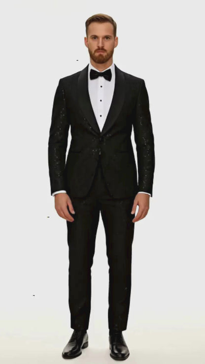 Black Sequin Tuxedo Suit with Satin Shawl Lapel  Mens Slim Fit Formal Prom and Wedding Attire