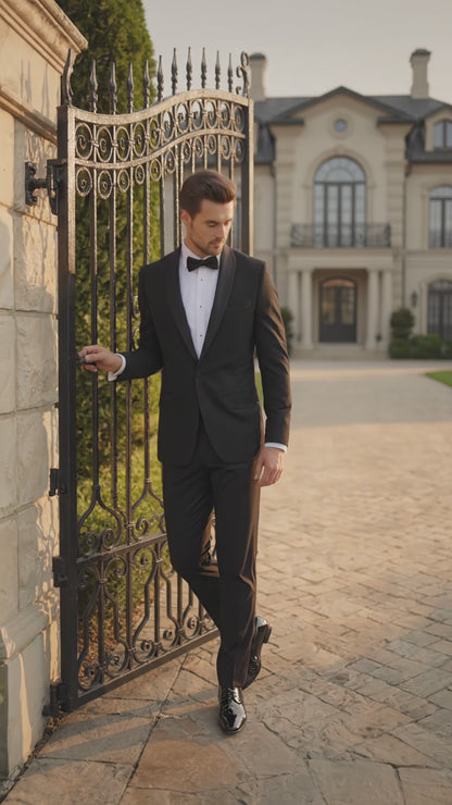 Men’s Black 1 Button Shawl Tuxedo with Black Satin Trim, Formal Wedding Dinner Suit