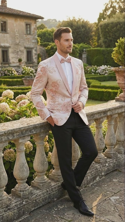 Mens Pink Blush Floral Jacquard Blazer with Embellished Shawl Lapel  Luxury Party and Wedding Wear Jacket