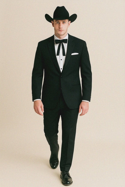 Mens 2 Button Notch Lapel Cowboy Tuxedo in Black
