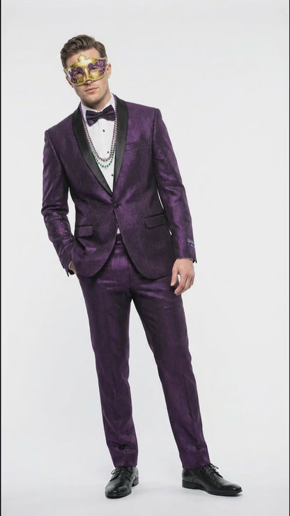 Mens Purple Shimmer Mardi Gras Suit with Black Satin Lapel – Shiny Metallic Formal Party and Carnival Suit Sequin Look