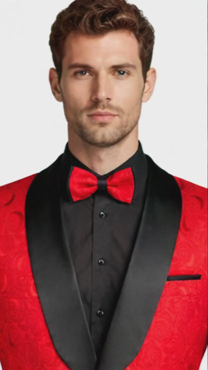 Mens Modern Fit Paisley Jacquard Prom Tuxedo in Red