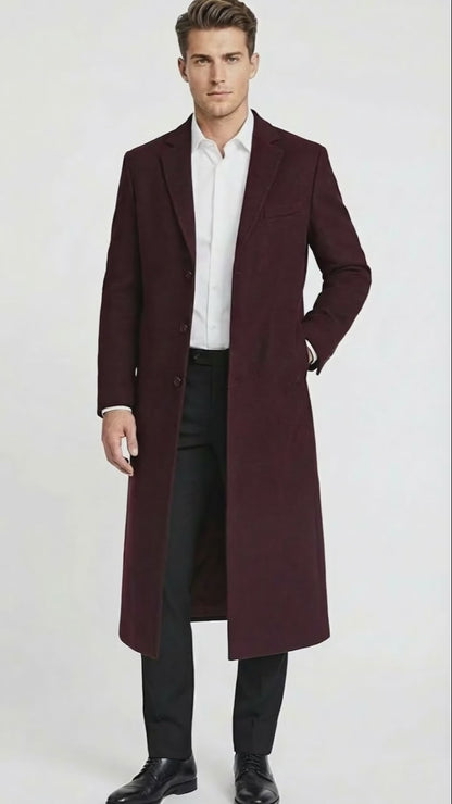 Mens Burgundy Long Coat  Classic Fit Wool Blend Overcoat - Topcoat Full length