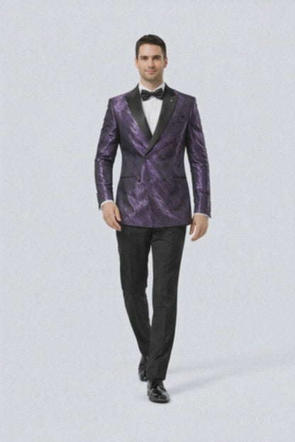 Purple Jacquard Statement Tuxedo Jacket  Satin Peak Lapel Double-Breasted