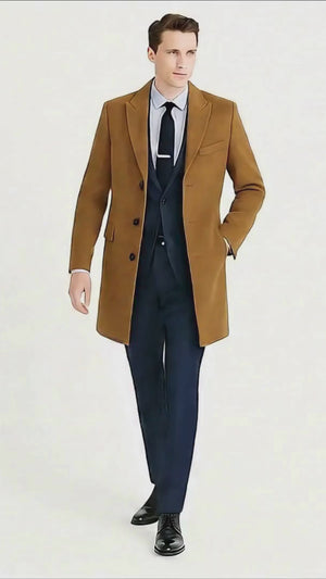 Mens Camel Brown Wool Overcoat  Classic Long Dress Coat for Business and Casual Wear in Vecuna Color